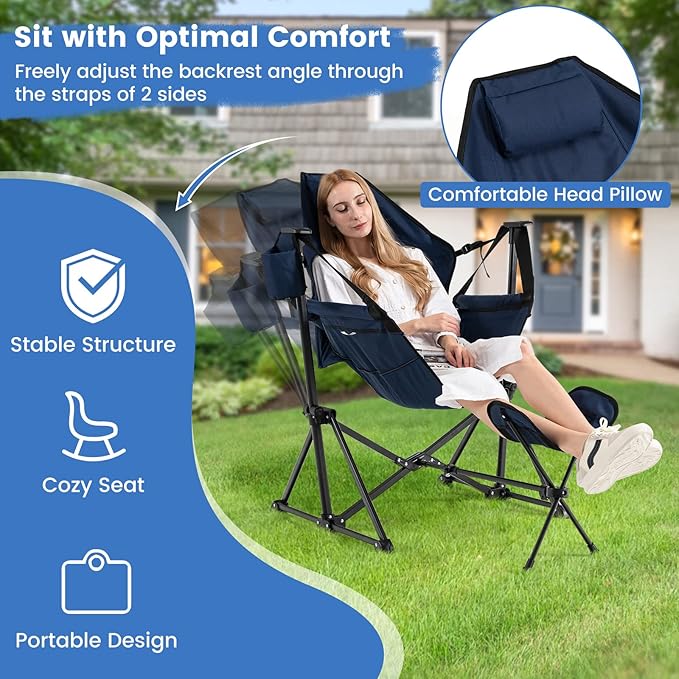 COSTWAY Folding Camping Chair, Portable Beach Chair with Retractable Footrest, Adjustable Back, Cup Holder & Carry Bag, Outdoor Lawn Patio Chair for Camping, Fishing, Hiking (Navy, 2 Pack)