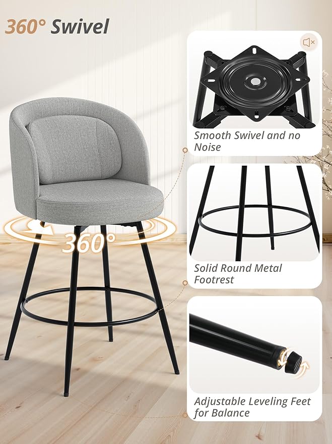 LUE BONA 26''H Swivel Bar Stools Set of 4, Counter Height Bar Stools with Backs, Lumbar Pillow and Black Metal Frames, Upholstered Modern Barstools for Kitchen Island, Linen Farbic, Gray