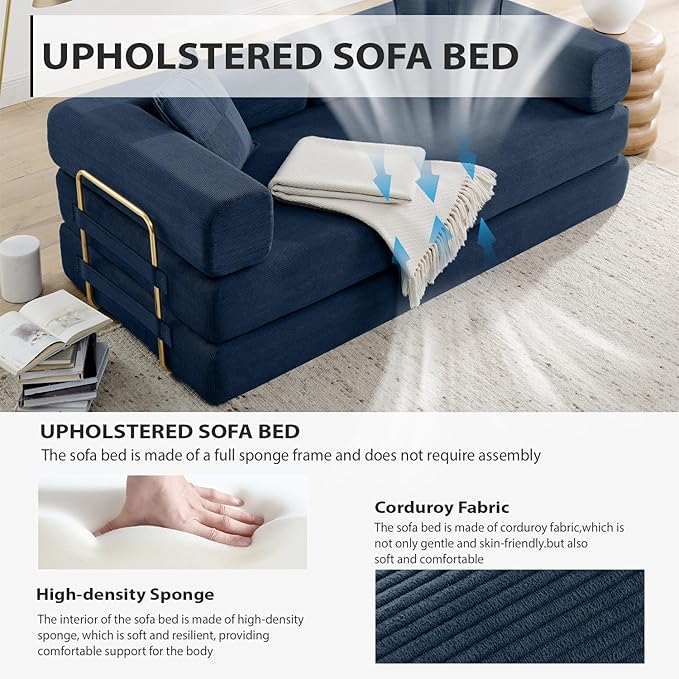 78 Inch Convertible Sleeper Sofa Bed, Folding Floor Mattress Couch with Fixed-Shape Frame, Futon Boneless Couch Lounge Loveseat with Pull Out Bed, No Assembly Required (Blue, 78" Loveseat Sofa Bed)
