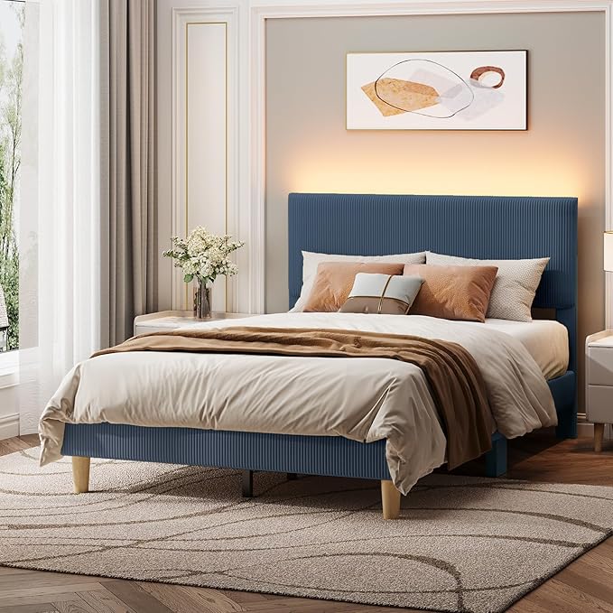 Bestier Full Bed Frame with Adjustable Headboard, LED Lighting, Vertical Channel Tufted Corduroy Upholstered, Solid Wooden Slats Support, No Box Spring Needed, Never Squeaks, Easy Assembly,Blue