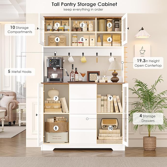 HIFIT 71" Tall Coffee Bar Cabinet with Storage and Large Countertop, Kitchen Hutch with 4 Drawers & 5 Metal Hooks & 4 Doors & Microwave Stand, White Kitchen Pantry Cabinet for Dining Room
