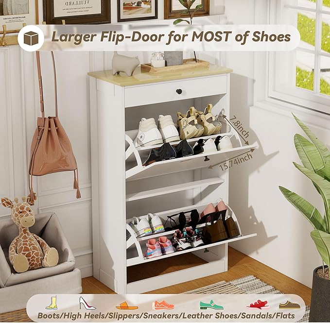 FTZxHKLX Shoe Cabinet with 2 Flip Drawers, Slim Wooden Hidden Shoe Organizer with Drawer, Pet-Proof Narrow Shoe Storage Cabinet for Entryway Living Room Behind The Door