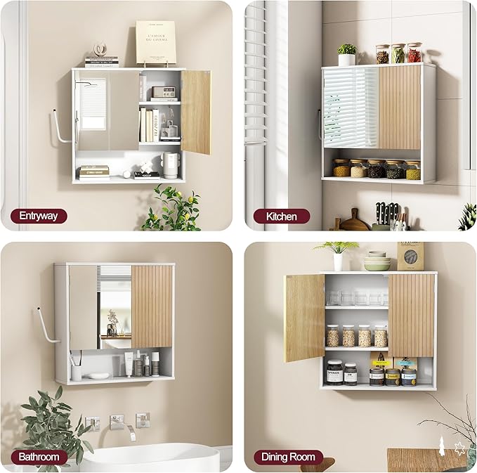 Bathroom Wall Cabinet With Mirror,wall mounted bathroom cabinet,Medicine Cabinet with 2 Door ,Side Hook,Light and Adjustable Shelves,White Cabinet with Wood Grain,Over The Toilet Space Saver Cabinet.