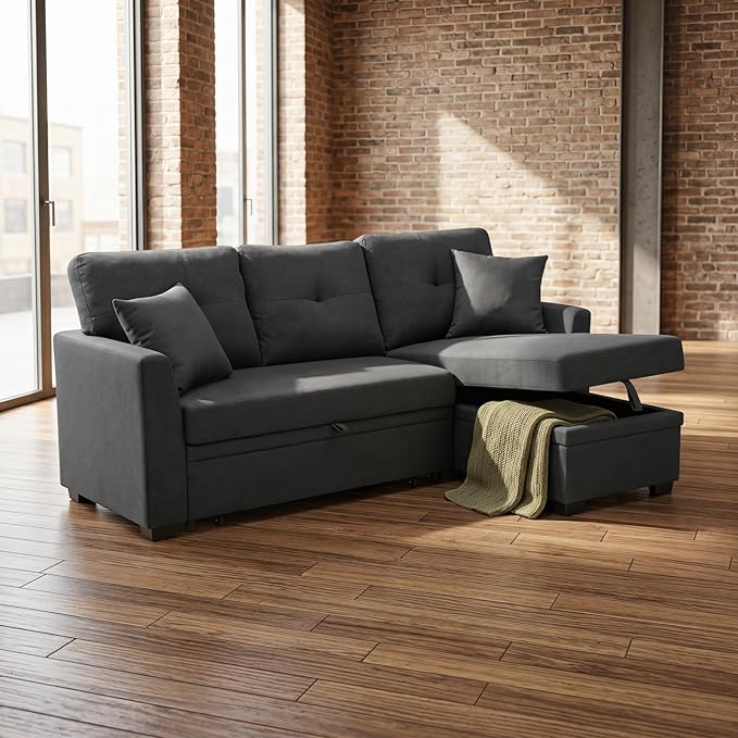 Convertible Sofa Bed, L Shape Sleeper Sofa with Reversible Storage Chaise, Tufted Fabric Sectional Sleeper Sofa with Pull Out Bed for Small Space, Living Room, Apartment, Charcoal Black