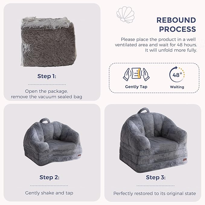 MAXYOYO Folding Sofa Bed, 2 in 1 Convertible Sofa to Lounger Comfy Single Bean Bag Chair for Adults, Floor Sleeper Couch with Handle, Faux Fur Couch Bed for Living Room Bedroom, Grey