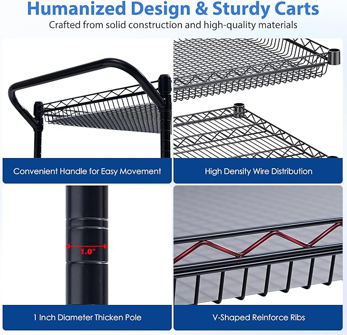 WDT 1350Lbs Capacity Heavy Duty Rolling Utility Cart, NSF Rolling Carts with Wheels,Commercial Grade Metal Cart with Handle Bar & Shelf Liner,Trolley Serving Cart for Restaurant,Kitchen,Black