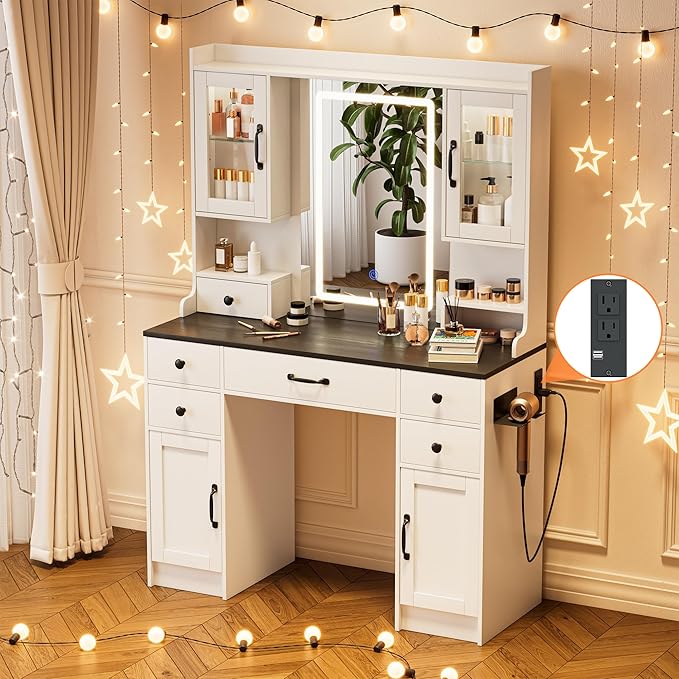 KAMABOKO Vanity Desk with LED Lights Mirror & Power Outlet, Makeup Vanity Table Set with 3 Lights Modes, Dressing Table for Women and Girls Bedroom (Modern Black, 5 Drawers with RGB Cabinet)