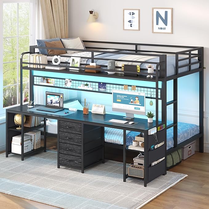 ADORNEVE Bunk Bed Twin Over Twin with 2 Person Desk, LED Lights Twin Bunk Bed with 4 Drawers,Storage Rack, 4 Shelves and Power Outles,Metal Twin Bunk Beds with Guardrail for Kids/Teens Bedroom, Black