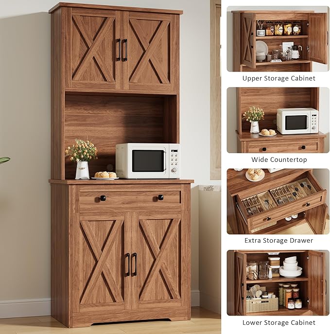 GAOMON 71" Pantry Cabinet with Charging Station, Tall Kitchen Pantry Storage Cabinet with Microwave Stand, Large Farmhouse Kitchen Hutch with Cabinet Doors & Drawer for Living Room, Dining Room