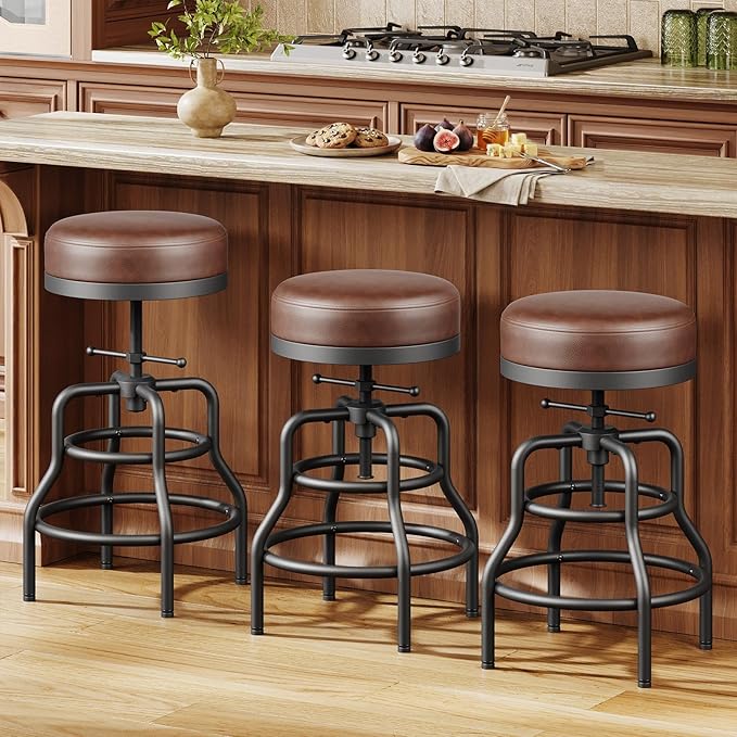 Raynesys Adjustable Height Swivel Bar Stools Set of 3, 22-29 Inch Industrial Vintage Bar Counter Height Stools with Thicken Premium Bonded Leather Seats & Updated Footrests, Easy Assembly, Brown