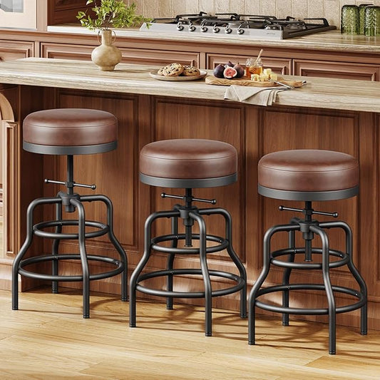 Raynesys Adjustable Height Swivel Bar Stools Set of 3, 22-29 Inch Industrial Vintage Bar Counter Height Stools with Thicken Premium Bonded Leather Seats & Updated Footrests, Easy Assembly, Brown