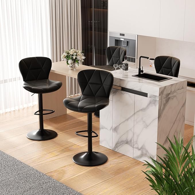 Nalupatio Modern Bar Stools Set of 4, Adjustable Faux Leather Upholstered Swivel Bar Stools, Counter Height Bar Chairs with Back for Kitchen Island, Black