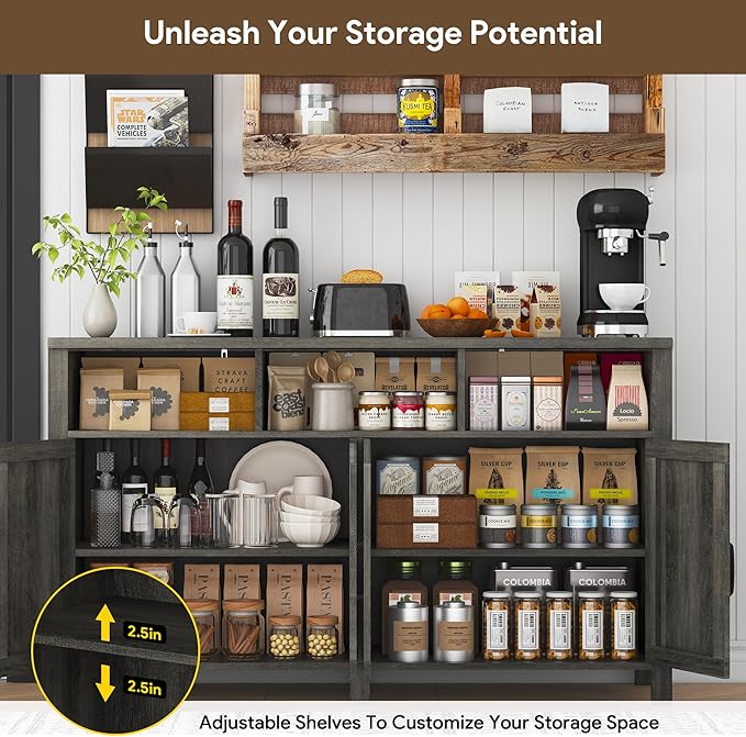 knoworld Buffet Sideboard with Storage Farmhouse with 4 Doors, 55'' Large Kitchen Storage Cabinet Wood Coffee Bar Cabinet Buffet Table with Shelves for Kitchen, Dining Room, Entryway (Gray, 55in)