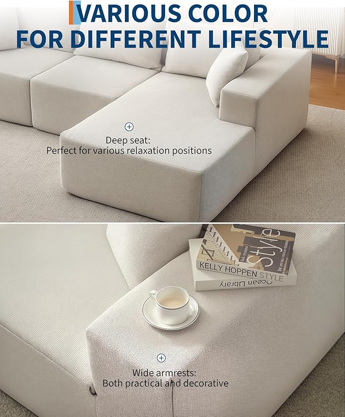 Garvee 108" Modular Sectional Sofa,Cloud Couch Sectional with Right Chaise | Fluffy Compressed l Shaped Sofa for Living Room | Boneless Couch & Sofa Bed Design,No Assembly Required, Beige