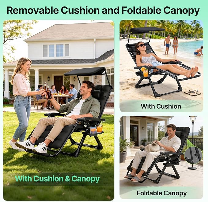 Suteck Zero Gravity Chair with Canopy, Reclining Camping Lounge Chair w/Removable Cushion, Upgraded Lock and Cup Holder, Reclining Patio Chairs Folding Recliner for Indoor and Outdoor