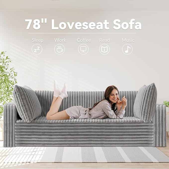 HABUTWAY 78" Loveseat Boneless Couch, 4-in-1 Convertible Sofa Bed, Plush Fur Folding Futon Sofa Bed Couches with 2 Pillows for Living Room, High-Density Foam Support, No Assembly Required, Light Grey