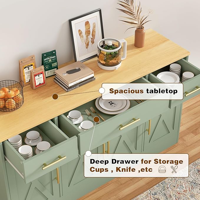 Vongrasig Buffet Cabinet with Storage, Farmhouse Coffee Bar Table with Drawers, 53” Large Modern Sideboard Buffet with Adjustable Shelves, Wood Buffet Table for Kitchen, Dining Room, Green