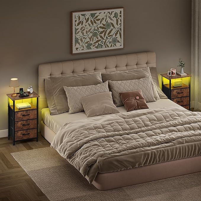 Vagusicc Night Stand with Charging Station, LED Nightstand for Bedroom, Bedside Table with 3 Fabric Drawers, End Table Side Table with USB Ports and Outlets, Bed Side Table for Bedroom, Rustic Brown