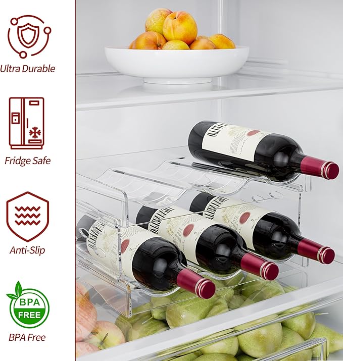 EZ COZY Wine Rack, 2 Tier Water Bottle Organizer for Cabinet, Stackable Clear Wine Holder for Pantry, Refrigerator, Countertop Organization (6 Bottles)
