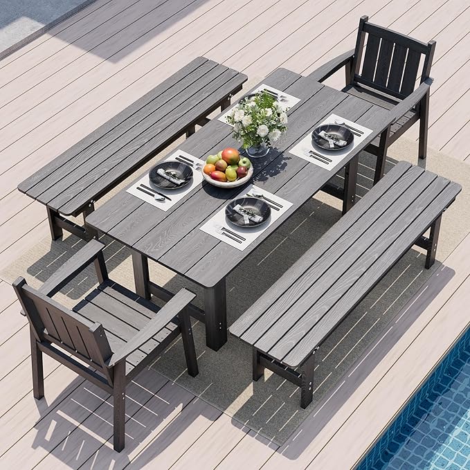 Pamapic 5 PCS Outdoor Dining Set, Spacious HDPE Outdoor Table and Chairs with 2 Bench, Wood Grain Patio Furniture Sets with Elegant Armrest, All-Weather Outdoor Furniture with Umbrella Hole, Gray