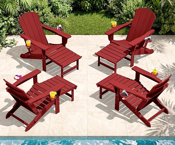 SERWALL Folding Adjustable Adirondack Chairs with Footrest Set of 4, HDPE Outdoor Chair with Dual Cup Holders, All Weather Adirondack Chair with Ottoman, Red