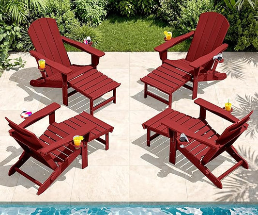 SERWALL Folding Adjustable Adirondack Chairs with Footrest Set of 4, HDPE Outdoor Chair with Dual Cup Holders, All Weather Adirondack Chair with Ottoman, Red