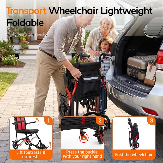 18LBS UIltra Lightweight Wheelchairs with Foldable Footrest and Armrests, Transport Wheelchair Lightweight Foldable with Handbrakes, Travel Transport Chair for Adults Seniors Kid, 1s Quick Folding
