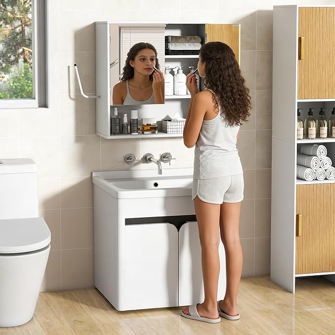 Bathroom Wall Cabinet With Mirror,wall mounted bathroom cabinet,Medicine Cabinet with 2 Door ,Side Hook,Light and Adjustable Shelves,White Cabinet with Wood Grain,Over The Toilet Space Saver Cabinet.
