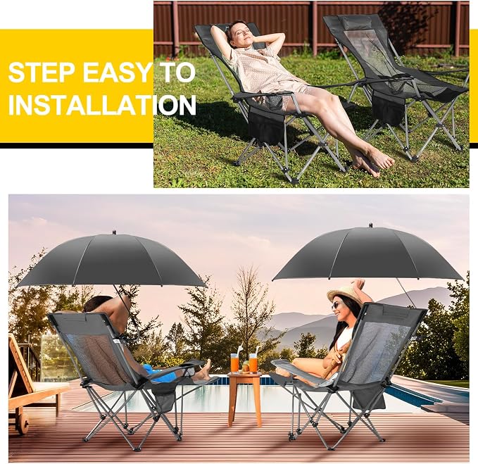 Yuntau 2 Set Reclining Beach Chairs with UPF 50+ Umbrellas Shade, Upgraded Heavy Duty Portable Folding Lounge Camping Chair with Canopy Removable Footrest & Headrest for Outdoor Patio(Grey)