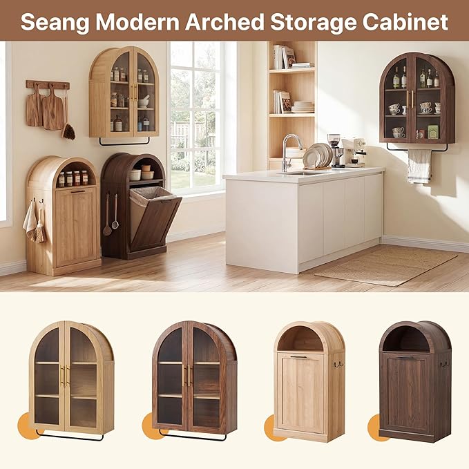 Seang Bathroom Arched Wall Cabinet,23.6" Modern Medicine Cabinet with Towel Bar and Adjustable Shelf,Over The Toilet Wall Storage Cabinet for Laundry Room,Living Room,Kitchen,Walnut