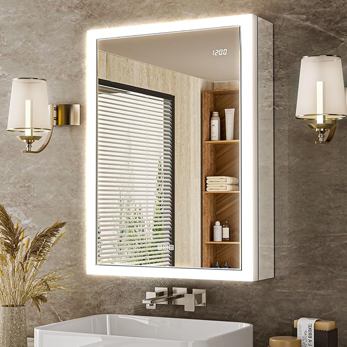 20''x26'' Recessed or Surface Lighted Medicine Cabinet with Mirror, 3 Color Dimmable Anti-Fog Bathroom LED Medicine Cabinet Mirror with Outlet, Time Display & Inner Light, Right-Hinge