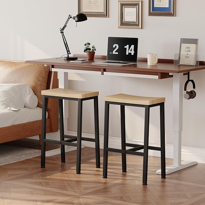Homeiju Bar Stools, Counter Height Bar Stools Set of 2, 23.6 Inch Saddle Stools with Footrests, Industrial Kitchen Counter Seat for Dining Room, Kitchen, Counter, White Oak