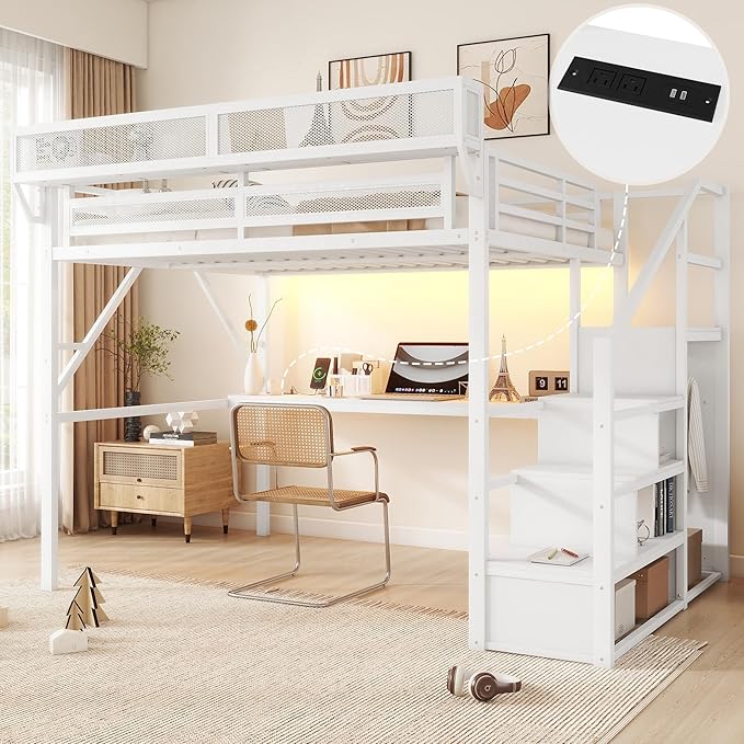 KEIKI Queen Size Metal Loft Bed Frame with Desk, Staircase, Built-in Storage Shelves and Wardrobe, Modern Loft Bed with Solid Slat, Guardrail, No Box Spring Required, Easy Assembly, for Bedroom, White