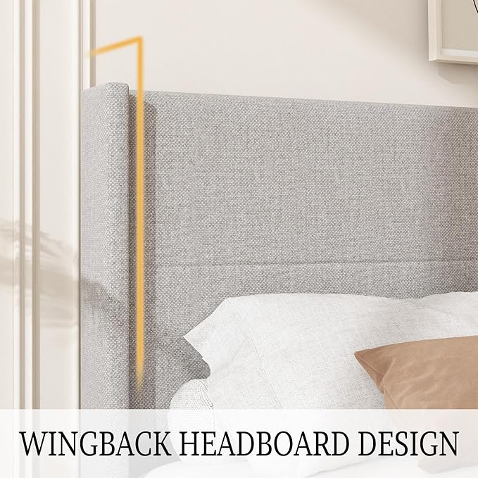 Queen Size Bed Frame, Linen Upholstered Platform with Wingback Headboard, Wooden Slats Support, No Box Spring Needed, Easy Assembly, Lightgrey
