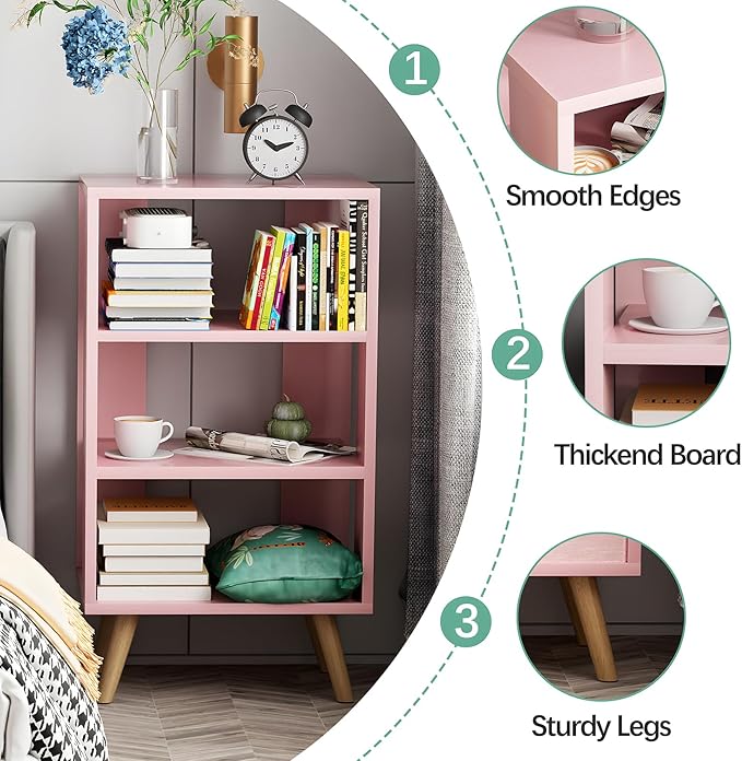 Aenuert Night Stand, Pink Nightstand, Modern End Table with Open Storage, 3-Tier Wooden Bedside Table for Small Space, Living Room, Bedroom