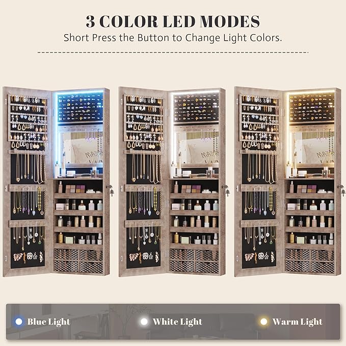 Vlsrka 47.2 Inch Full Length Mirror with Storage, Wall Mount Mirror Jewelry Cabinet, Over The Door Hanging Jewelry Armoire Organizer, Built-in Light, 4 Drawers, 5 Shelves, Christmas Gift (Wood)