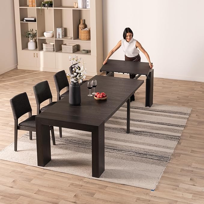 Transformer Table - Solid Wood Extendable Dining Table, Seats 2-12, Expandable Dining Room Table, Space-Saving Furniture, Kitchen and Dining Room Furniture (Black, Table + 4 Chairs)