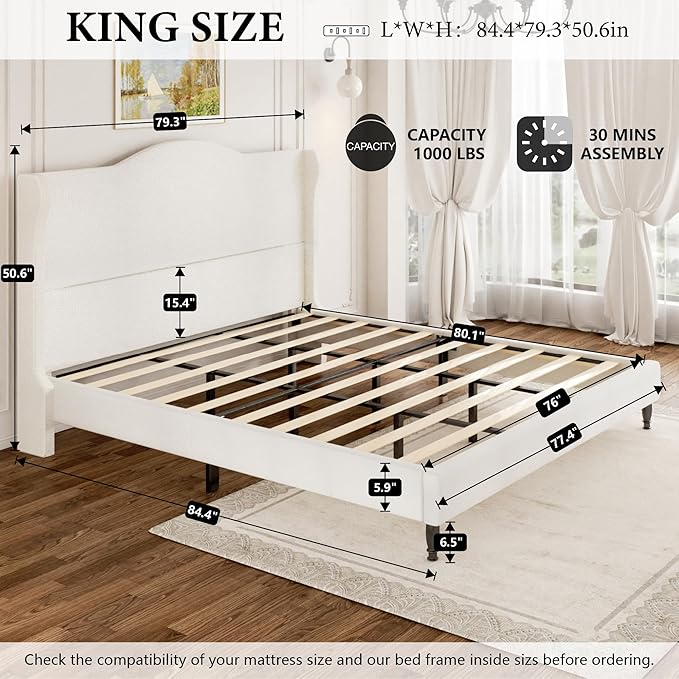 King Upholstered Bed Frame with Tall Headboard, Leather Platform Bed with Wingback Sides, Wood Slats Support, Noise-Free Design, No Box Spring Needed, Easy Assembly, White