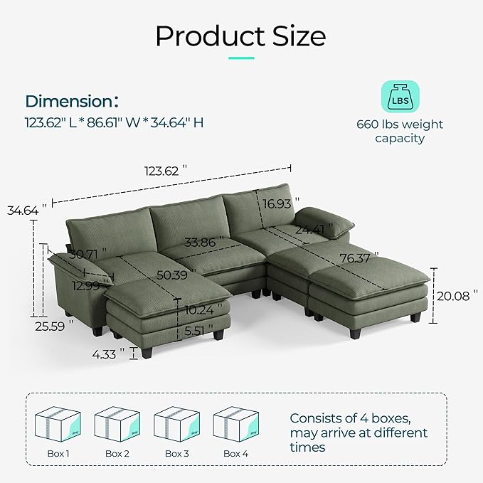 LINSY HOME 123" Modular Sectional Sofa, 3-Seat Corduroy Modern Cloud Couch with Deep Seat & 3 Movable Ottoman, Perfect for Living Room, Office, Bedroom, Green