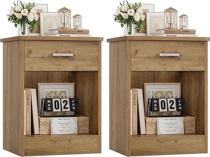 FOTOSOK Nightstand Set of 2, Wood Night Stand Side Table with Drawer and Storage Shelf, Bedside Table End Table, Night Stand for Bedroom, Home Office,Wooden Grain