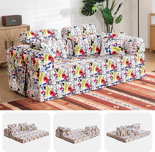 79" Convertible Boneless Couch for Small Spaces, 6-in-1 Corduroy Sofa Bed with High Backrest, Pillows, High-Density Foam Loveseat Sleeper Couch in a Box for Living Room, No Assembly, Graffiti A