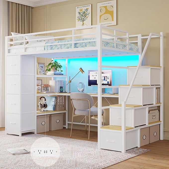 DICTAC Loft Bed Twin Size with Storage Stairs,Desk and Charging Station,Metal Twin Loft Bed with LED Lights,8 Storage Drawers,3-tier Shelves,Loft Beds for Kids,Teens,Adults with Safety Guardrail,White