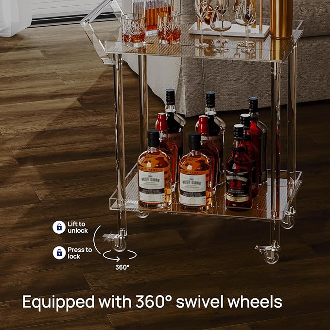 HMYHUM Acrylic Bar Cart, Rattan Home Bar Trolley with Wheels, 2-Tier Rolling Serving Cart for Kitchen, Dining Room, Outdoor, 23.6" L x 15" W x 32.5" H, Modern, Easy Assembly
