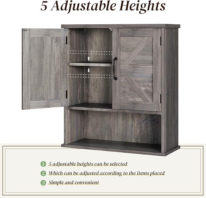 Smuxee Farmhouse Bathroom Cabinet Wall Mounted, Washed Grey Small Medicine Cabinet with Adjustable Shelf, Bathroom Cabinet for Living Room, Laundry Room