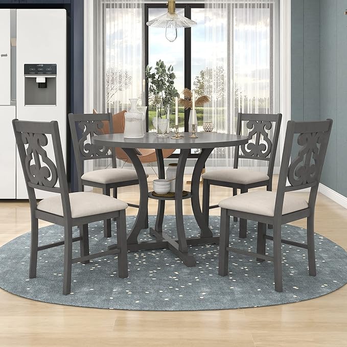 Harper & Bright Designs 5-Piece Round Dining Table and Chair Set with Special-Shaped Legs and an Exquisitely Designed Hollow Chair Back for Dining Room (Gray)