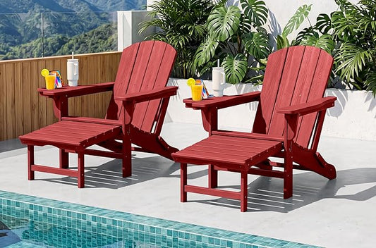SERWALL Folding Adjustable Adirondack Chairs with Footrest Set of 2, HDPE Outdoor Chair with 4-in-1 Cup Holders, All Weather Adirondack Chair with Ottoman, Red