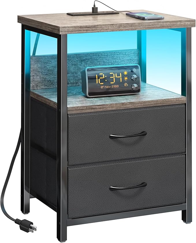 Fixwal Night Stand with Charging Station, LED Nightstand with U-S-B Ports and Outlets, 2 Fabric Storage Drawers with PU Finish, Bed Side Table, French Oak