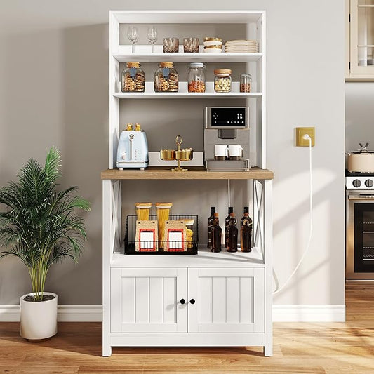 YITAHOME White Microwave Stand Bakers Rack Cabinet, Farmhouse Freestanding Small Kitchen Pantry Hutch Tall w Door Power Outlet Thickened Counter, Coffee Bar Storage Shelves