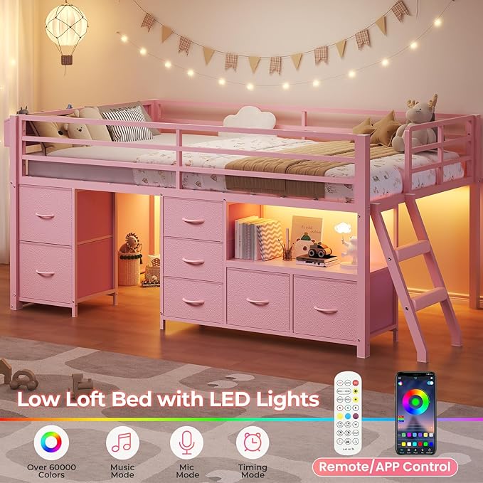 ADORNEVE Low Loft Bed Twin Size with 7 Storage Drawers, Bookcase and LED Lights, Metal Kids Loft Bed with 14" H Safety Guardrail,Inclined Ladder and Play Curtain, Under-Bed Play Space,Pink
