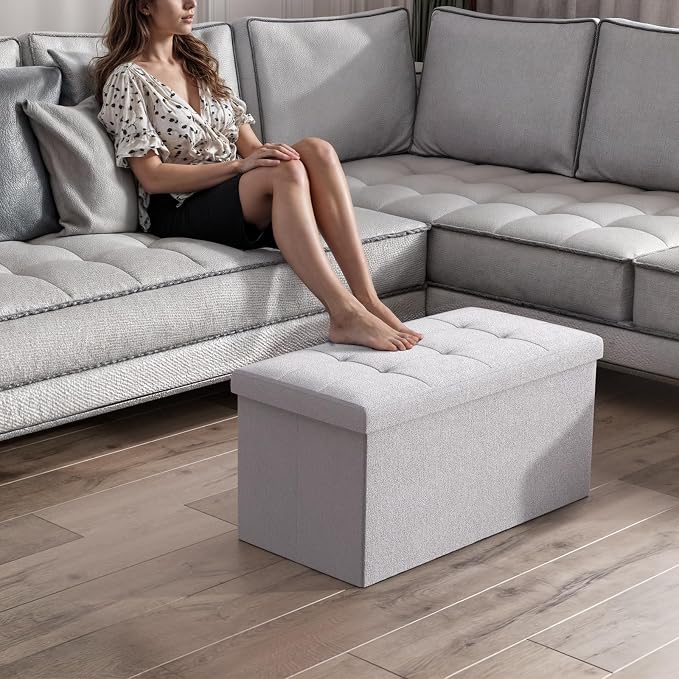 Magshion Folding Storage Ottoman Bench, 30 Inches Ottoman Foot Rest, End of Bed Bench, Storage Chest for Living Room, Entryway, Bedroom, 600 lbs Load Capacity, 15 x 30 x 15 Inches, Light Gray
